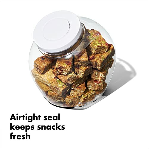 Airtight jar with snacks inside, text: Airtight seal keeps snacks fresh