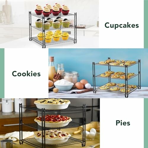 Three-tiered racks displaying cupcakes, cookies, and pies in a kitchen setting