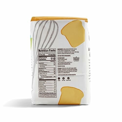 Side view of bread flour packaging with nutrition facts and bread illustrations.