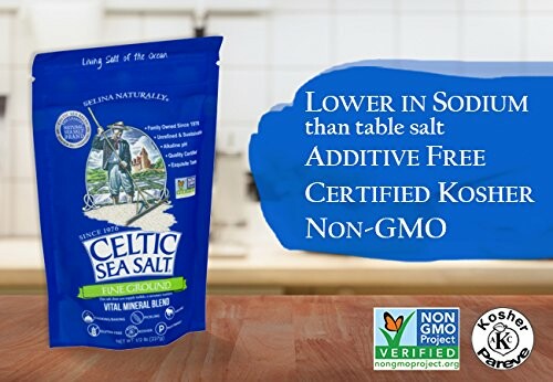 Celtic Sea Salt package with non-GMO and kosher labels.