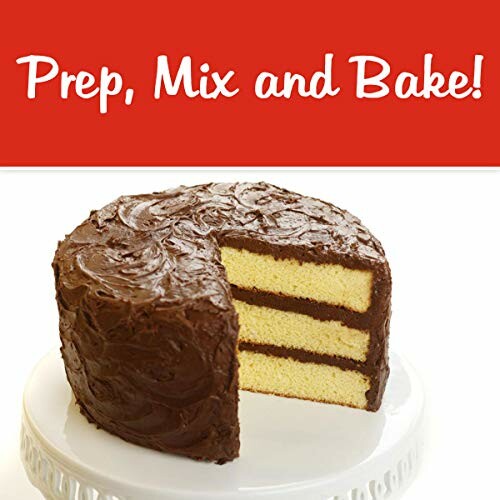 Three-layer yellow cake with chocolate frosting on a stand, red background with 'Prep, Mix and Bake!' text.