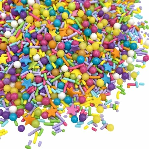 Assortment of colorful candy sprinkles in various shapes.