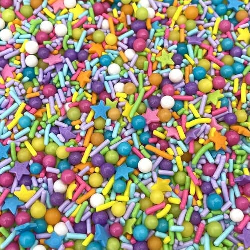 Colorful sprinkles and candy in various shapes and sizes.