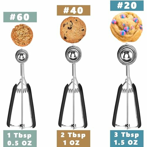 Three sizes of cookie dough scoops with cookies, labeled #60, #40, and #20.