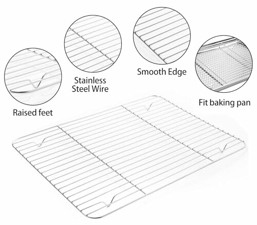 Stainless steel cooling rack with raised feet and smooth edges, fits baking pan.