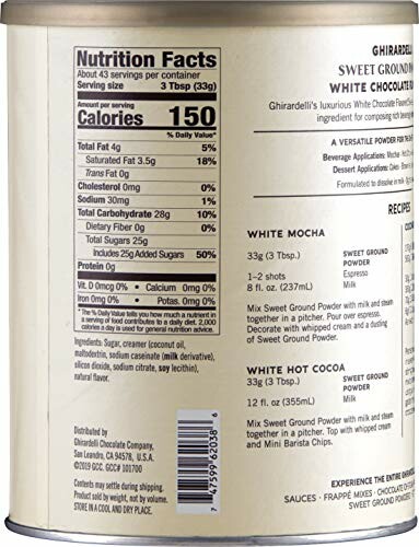 Ghirardelli White Chocolate Powder nutrition facts and recipes on can.