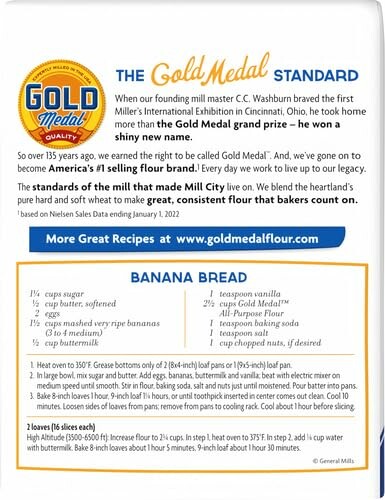 Gold Medal flour banana bread recipe with ingredients and baking instructions.