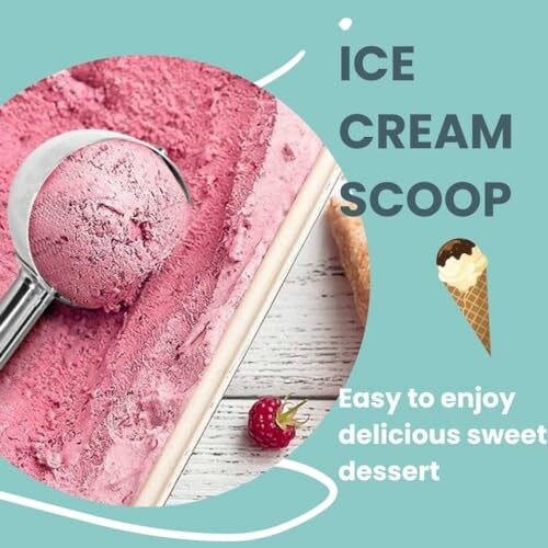 Scoop of pink ice cream with text 'Ice Cream Scoop' and 'Easy to enjoy delicious sweet dessert'.