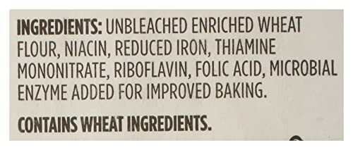 Ingredient label listing unbleached enriched wheat flour, vitamins, and enzymes.