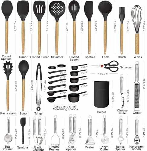 A comprehensive kitchen utensil set with various tools including spatulas, spoons, whisks, tongs, measuring cups, and more.