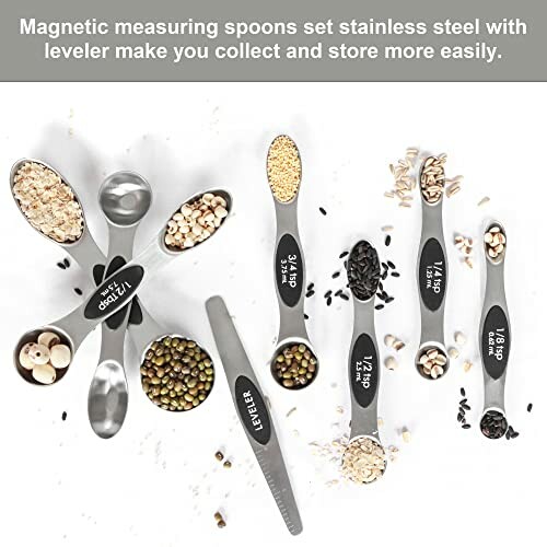 Hands using stainless steel measuring spoons with various grains.