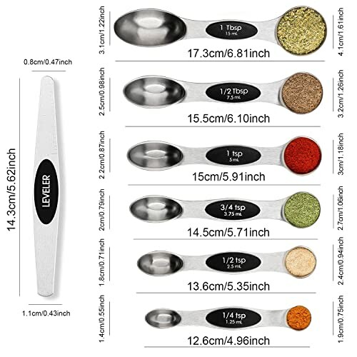 Set of stainless steel measuring spoons with leveler.