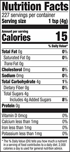 Nutrition facts label showing serving size, calories, and daily values.