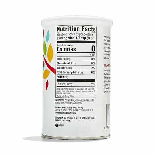 Back view of a nutritional yeast seasoning can showing nutrition facts and ingredients.