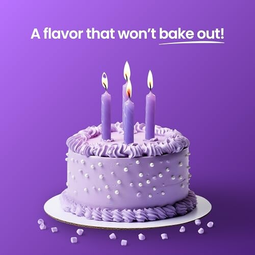 Purple cake with three lit candles on top against a purple background.