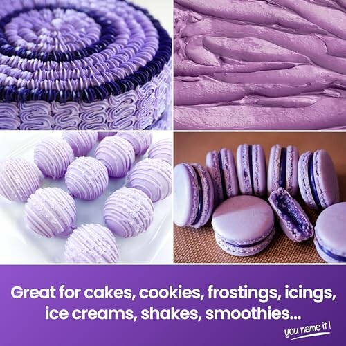 Collage of purple desserts including cakes, cookies, frostings, ice creams, and macarons.