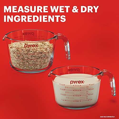 Two Pyrex measuring cups with wet and dry ingredients.