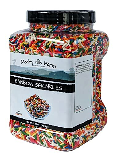 Large container of rainbow sprinkles from Medley Hills Farm.