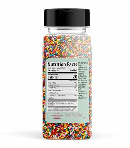 Bottle of rainbow sprinkles with nutrition facts label.