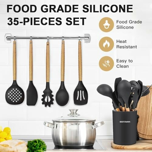 Food grade silicone 35-piece kitchen utensil set with pot.