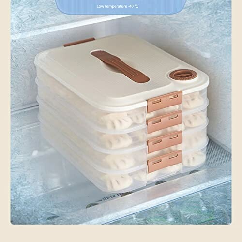 Stackable food storage containers in a freezer.