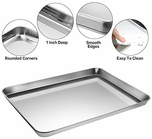 Stainless steel baking sheet with rounded corners, smooth edges, easy to clean, 1 inch deep.